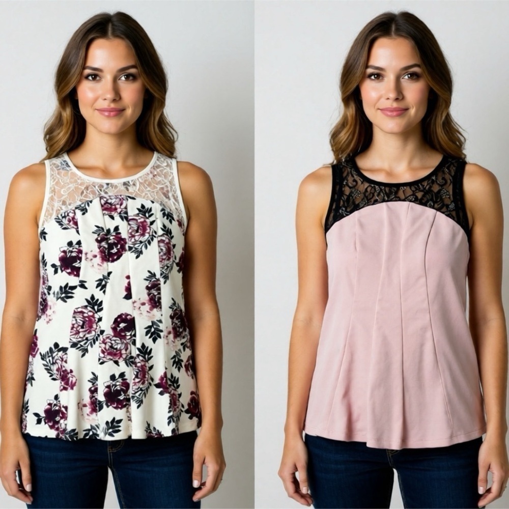 Ricki's Sleeveless Top Set of 2 Size Medium Lace Stretch Floral Pink Fitted - Picture 1 of 13